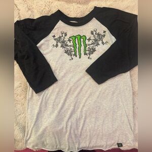 Monster Energy 3/4 Sleeve White T-Shirt with Green Logo